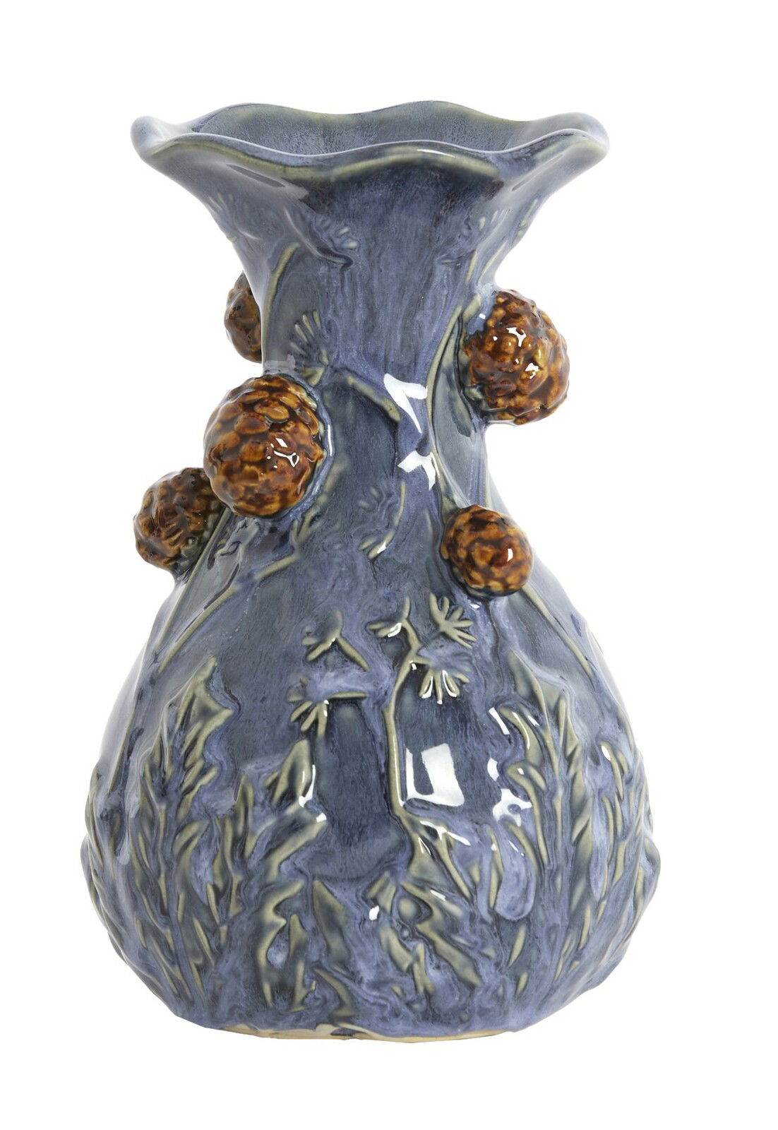 Keramikvase mit blauer Glasur und erhabenen braunen Verzierungen, seitliche Perspektive