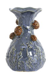 Keramikvase mit blauer Glasur und erhabenen braunen Verzierungen, seitliche Perspektive