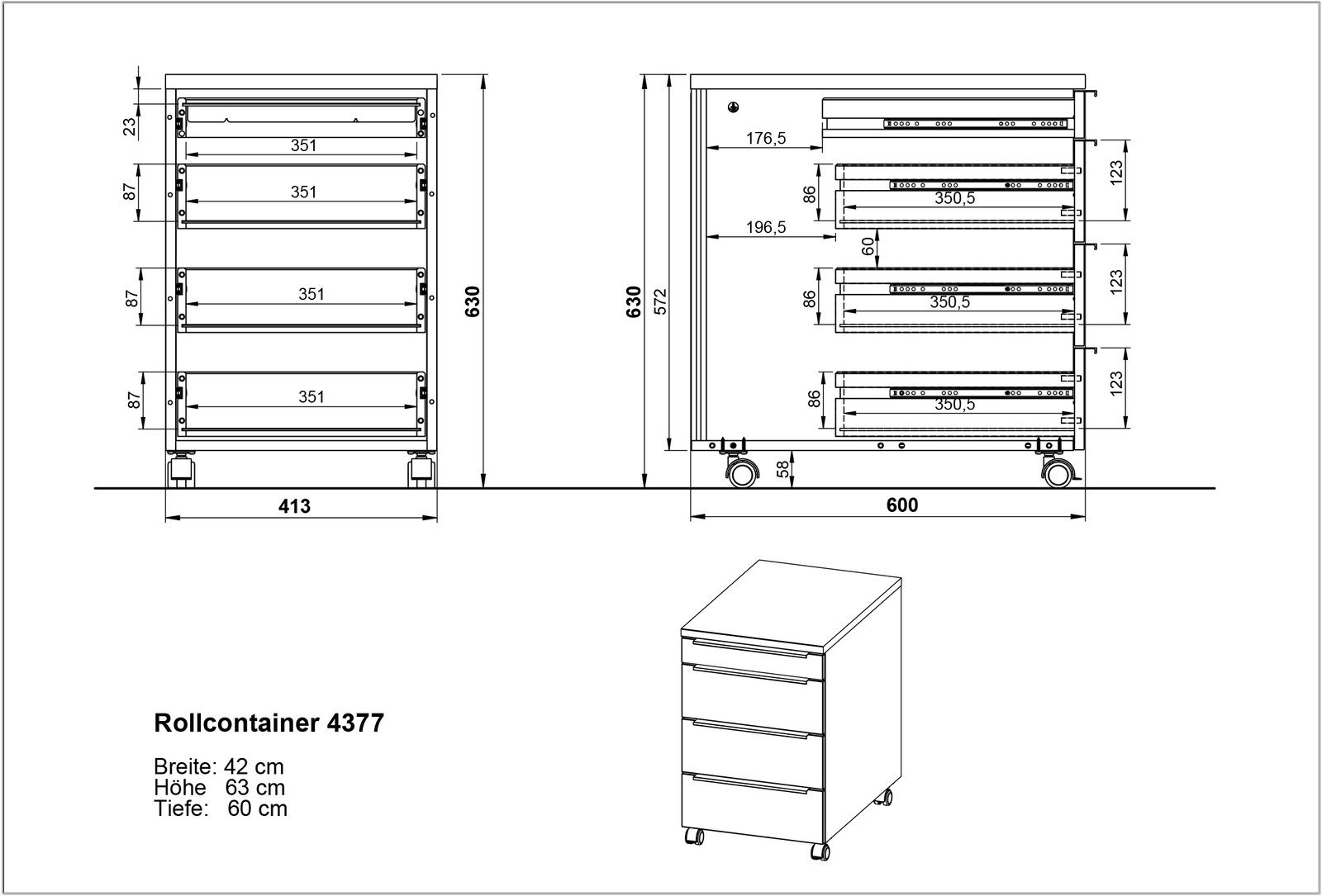 Technische Zeichnung eines Rollcontainers mit drei Schubladen, auf Rollen, in der Seiten- und Frontalansicht. Maße: Breite 42 cm, Höhe 63 cm, Tiefe 60 cm.