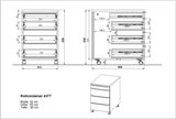 Technische Zeichnung eines Rollcontainers mit drei Schubladen, auf Rollen, in der Seiten- und Frontalansicht. Maße: Breite 42 cm, Höhe 63 cm, Tiefe 60 cm.