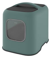 Moderne Katzentoilette in Grün mit Tragegriff, seitliche Perspektive