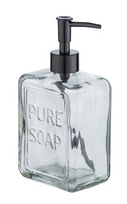 Transparenter Seifenspender mit schwarzem Pumpkopf, seitliche Perspektive