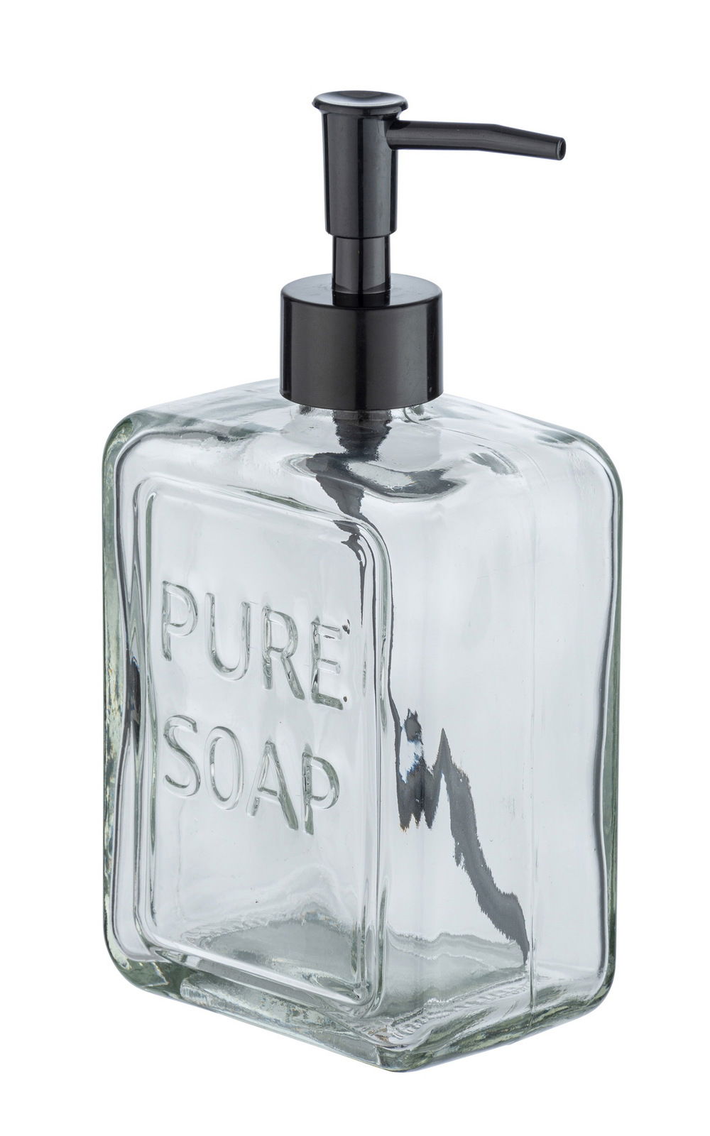 Transparenter Seifenspender mit schwarzem Pumpkopf, seitliche Perspektive