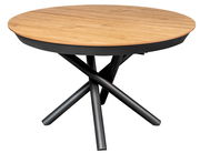 Runder Esstisch mit Holzplatte und schwarzem Metallgestell, seitliche Perspektive