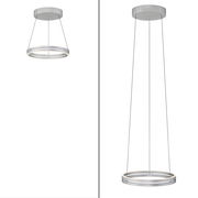 Moderne Pendelleuchte PURE E-Loop in silberner Farbe, von der Seite und von unten betrachtet, mit einem eleganten, runden Design und dünnen Aufhängungen.