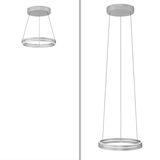 Moderne Pendelleuchte PURE E-Loop in silberner Farbe, von der Seite und von unten betrachtet, mit einem eleganten, runden Design und dünnen Aufhängungen.