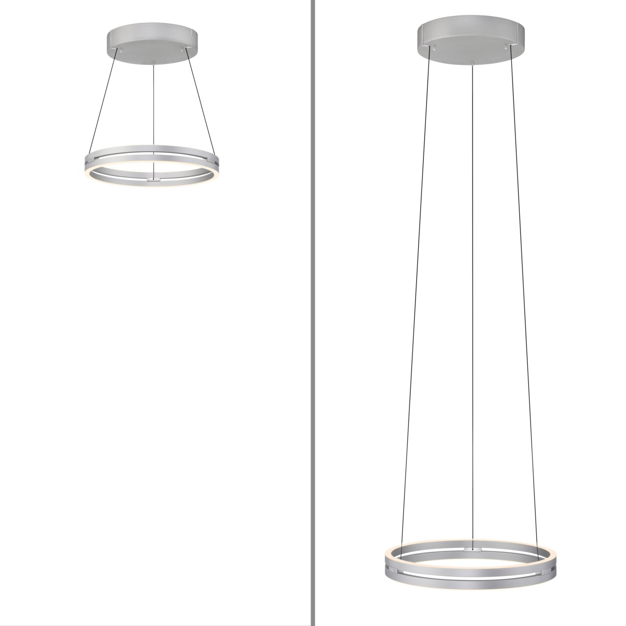 Moderne Pendelleuchte PURE E-Loop in silberner Farbe, von der Seite und von unten betrachtet, mit einem eleganten, runden Design und dünnen Aufhängungen.