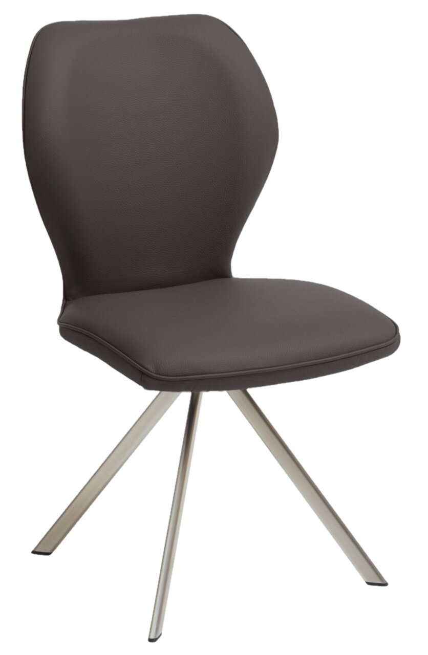 Moderner Stuhl mit schwarzem Sitz und Rückenlehne, auf silbernen Metallbeinen, seitliche Perspektive