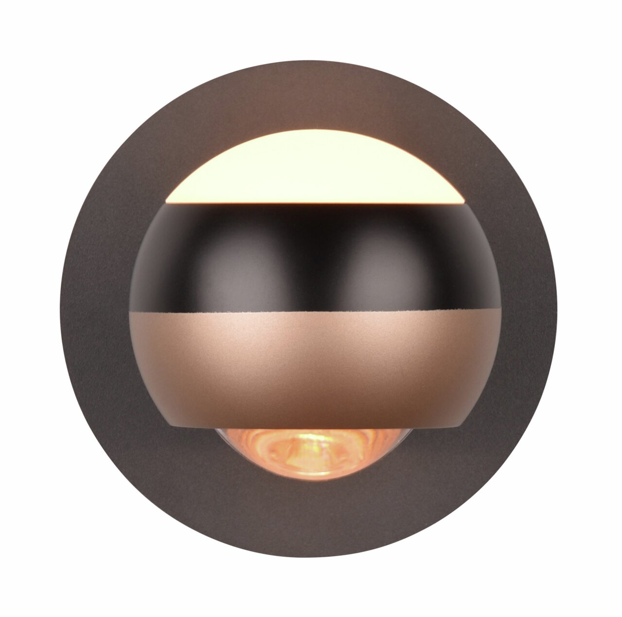Moderne Wandleuchte ORBIT in Schwarz und Kupfer, frontale Ansicht