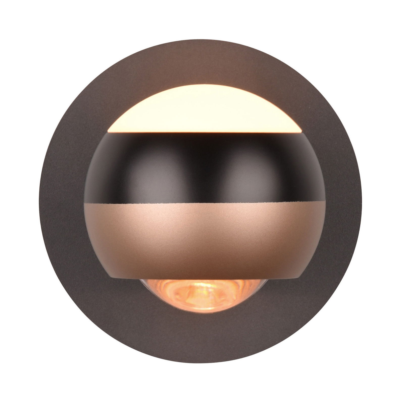 Moderne Wandleuchte ORBIT in Schwarz und Kupfer, frontale Ansicht