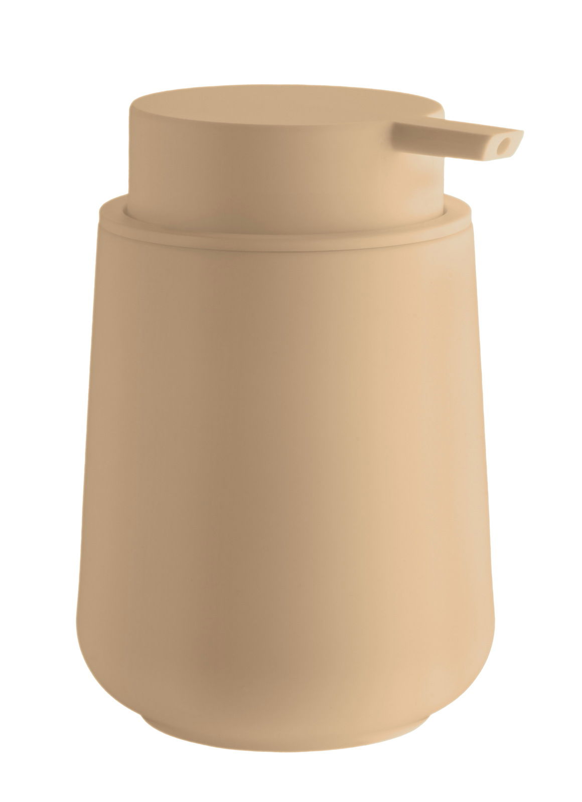 Beiger Seifenspender aus Kunststoff, seitliche Perspektive