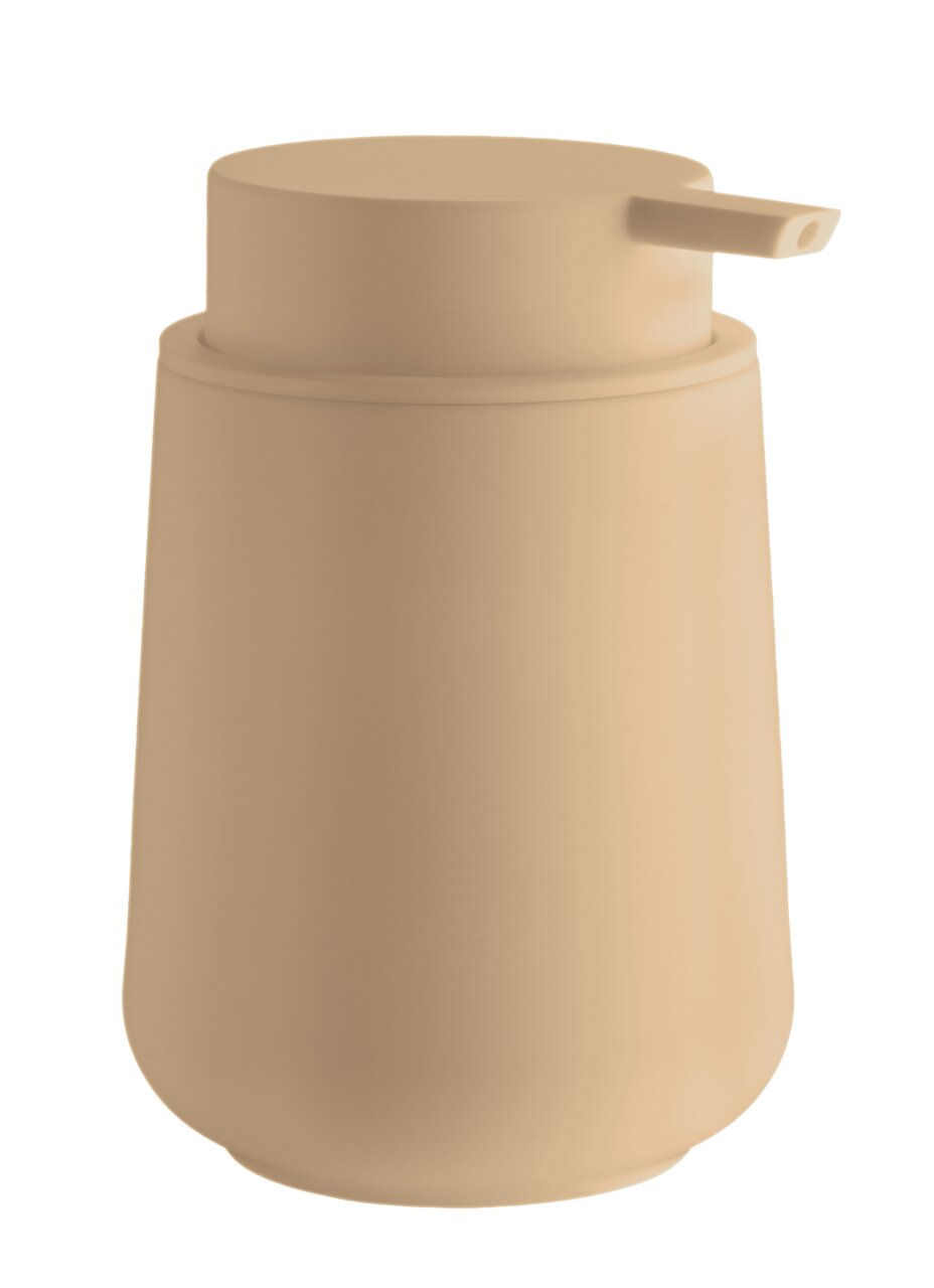 Beiger Seifenspender aus Kunststoff, seitliche Perspektive