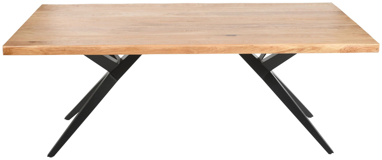 Moderner Esstisch mit Holzplatte und schwarzen Metallbeinen, Frontalansicht