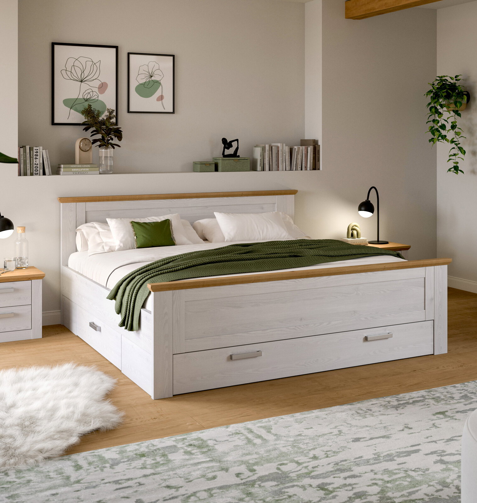Modernes Doppelbett in Weiß mit Holz-Akzenten und integrierten Schubladen, im Schlafzimmer aus frontaler leicht seitlicher Perspektive (3/4-Ansicht)