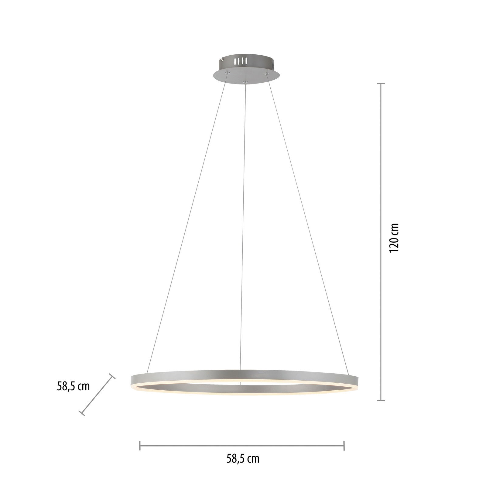 Moderne Pendelleuchte RITUS in seitlicher Perspektive, Durchmesser 58,5 cm, Höhe 120 cm, mit schlankem, kreisförmigem Design.
