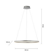 Moderne Pendelleuchte RITUS in seitlicher Perspektive, Durchmesser 58,5 cm, Höhe 120 cm, mit schlankem, kreisförmigem Design.