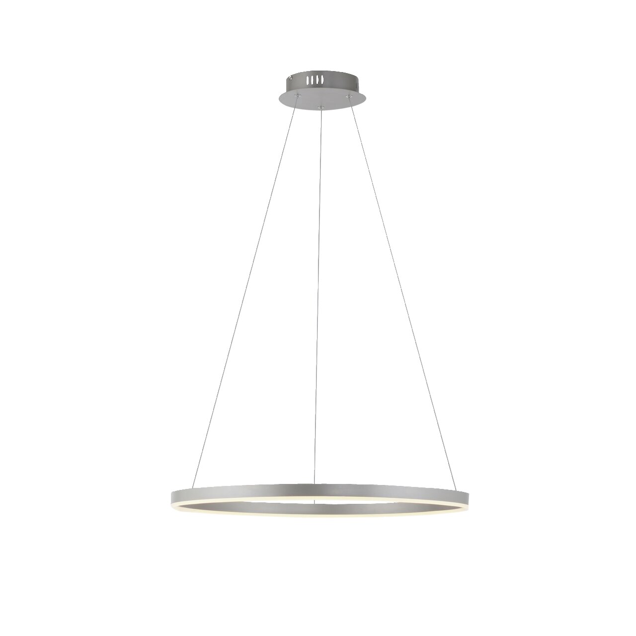 Moderne Pendelleuchte RITUS in seitlicher Perspektive, Durchmesser 58,5 cm, Höhe 120 cm, mit schlankem, kreisförmigem Design.