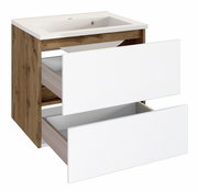 Moderner Waschplatz mit Holzoptik und weißen Schubladen, Frontansicht