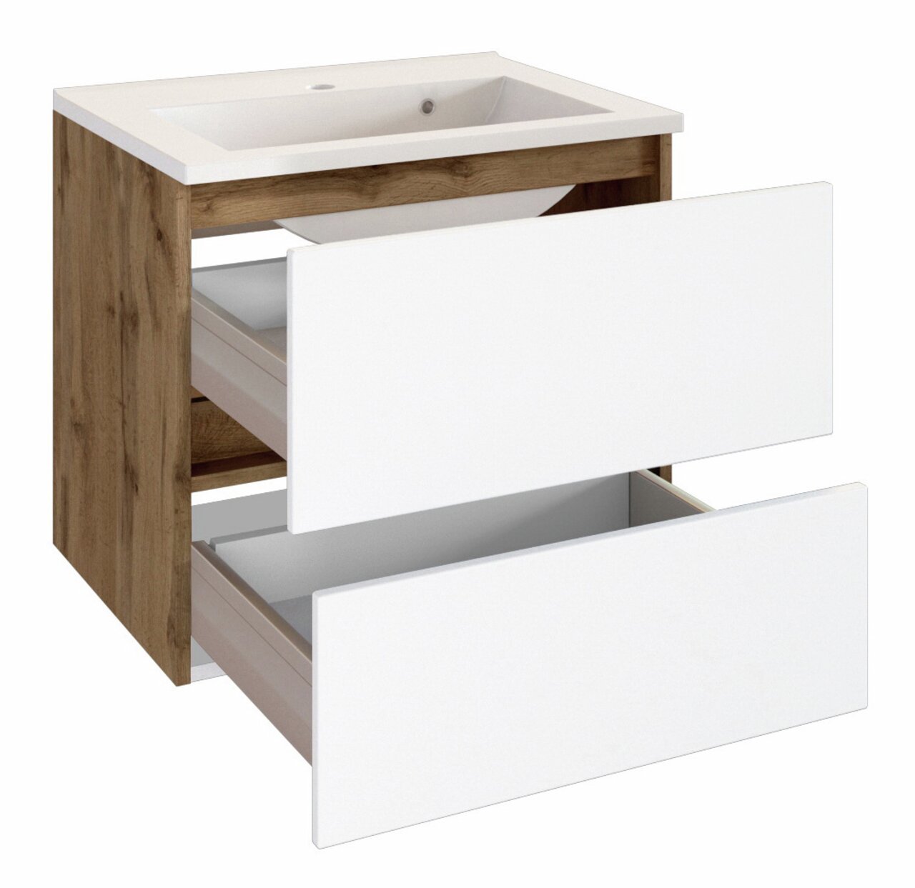 Moderner Waschplatz mit Holzoptik und weißen Schubladen, Frontansicht