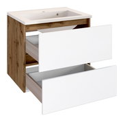 Moderner Waschplatz mit Holzoptik und weißen Schubladen, Frontansicht