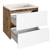 Moderner Waschplatz mit Holzoptik und weißen Schubladen, Frontansicht