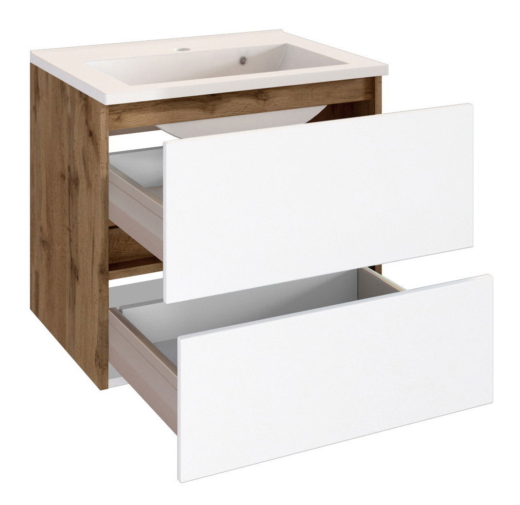 Moderner Waschplatz mit Holzoptik und weißen Schubladen, Frontansicht