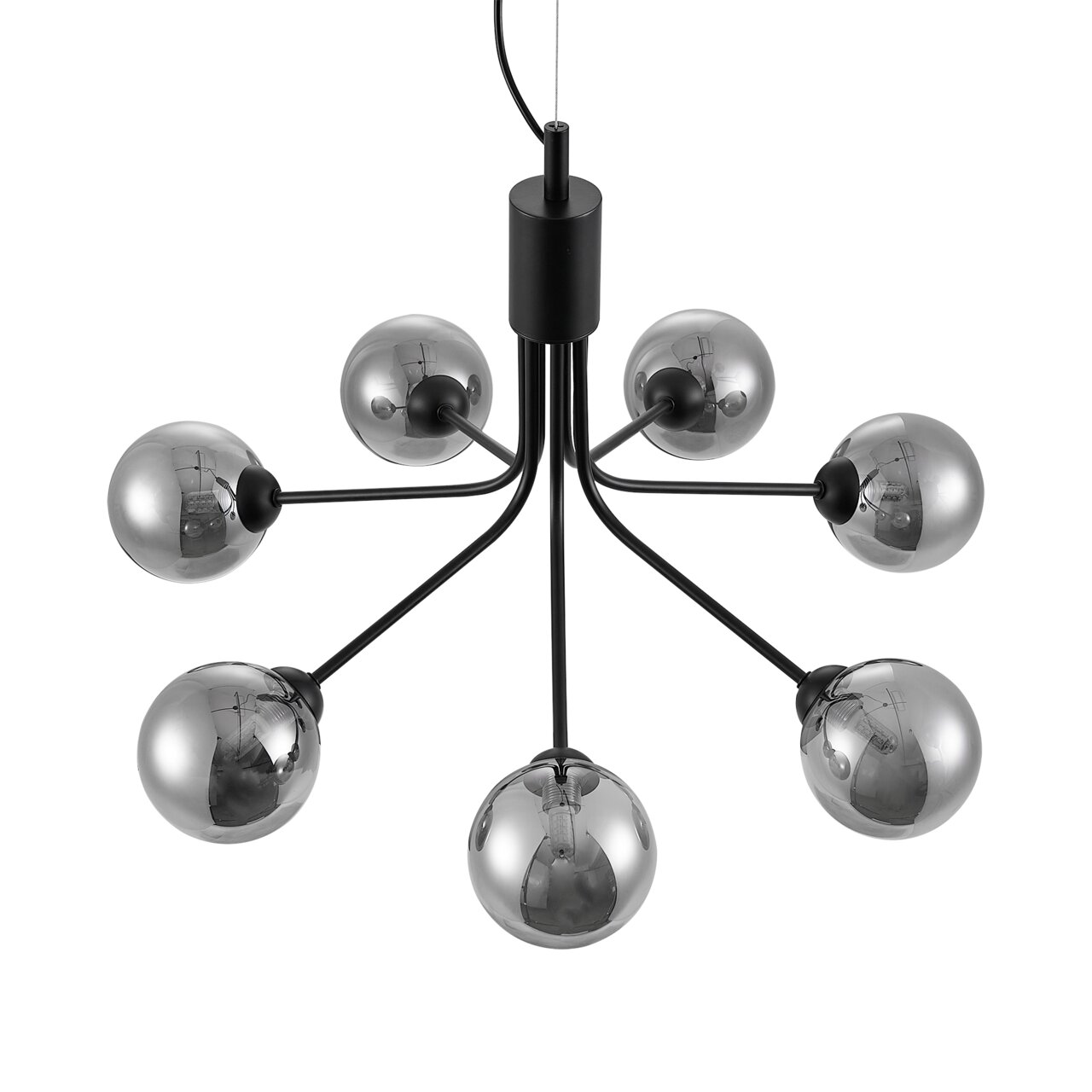 Moderne Hängeleuchte mit sechs kugelförmigen, rauchgrauen Glaskugeln, von oben betrachtet.