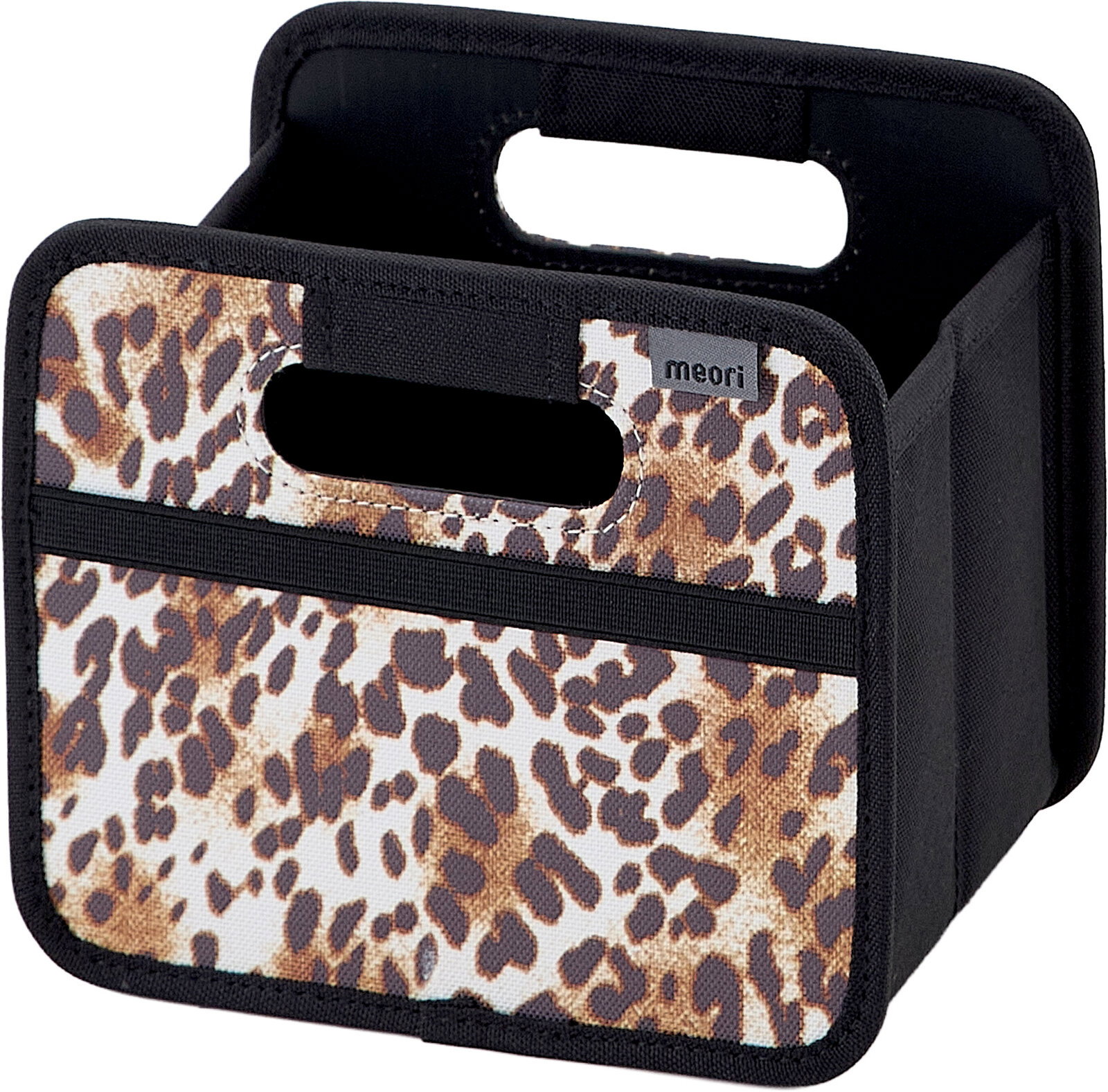 Meori Faltbox S Schwarzer Filz-Organizer/Tragetasche mit Griff und Leopardenmuster-Front, schräg von vorn (Frontansicht) fotografiert