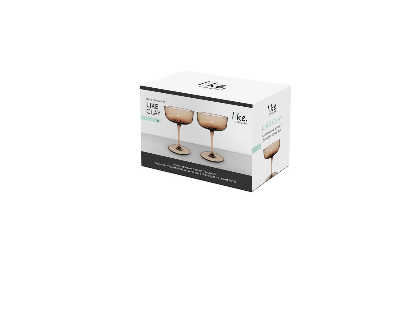 Verpackung eines 2-teiligen Sekt- und Dessertschalen-Sets in seitlicher Perspektive, mit elegantem Design in erdigen Tönen.