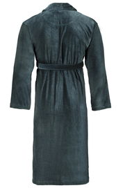 Rückansicht eines dunkelblauen Bademantels in Größe L/XL mit Gürtel.