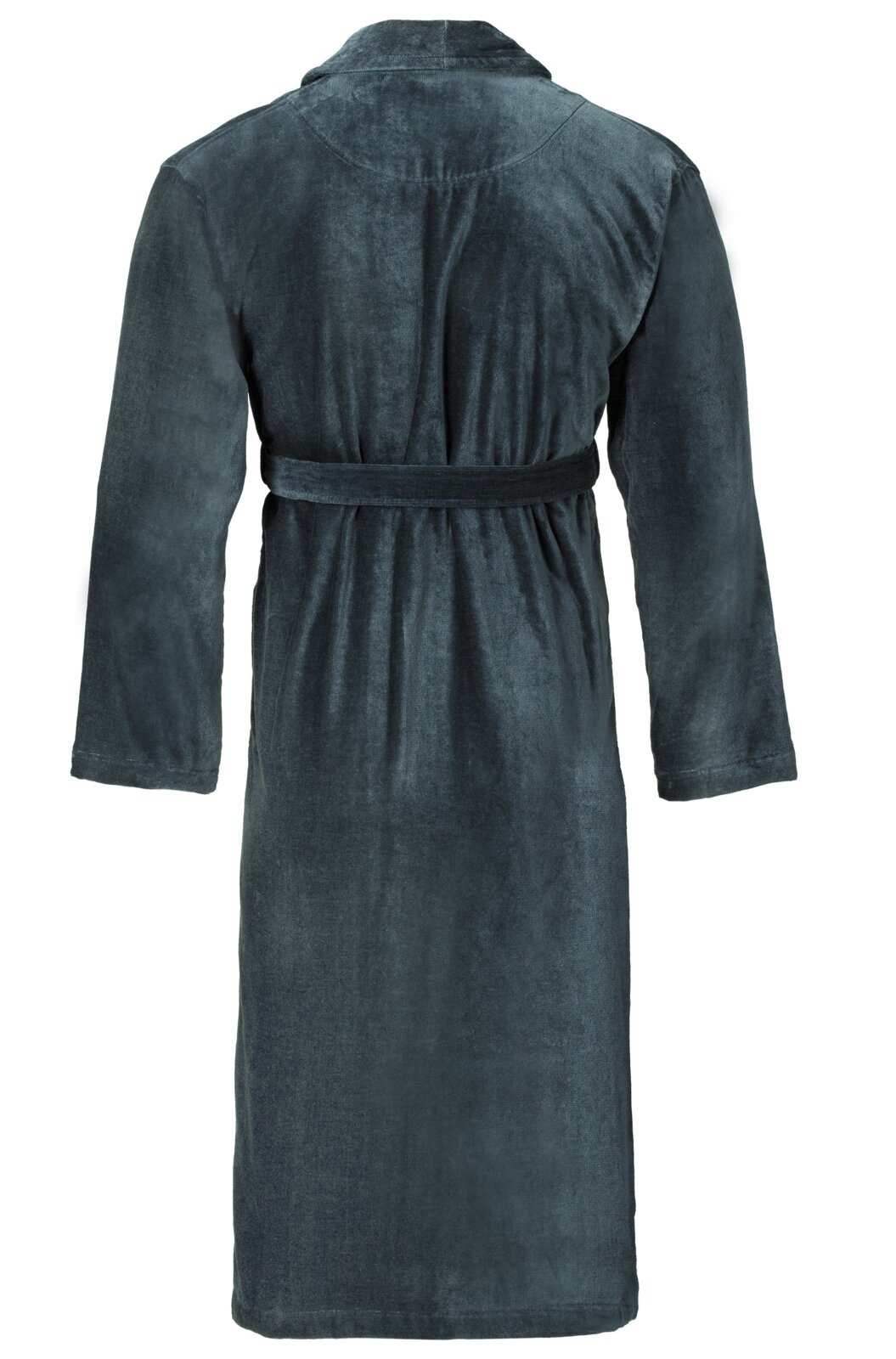 Rückansicht eines dunkelblauen Bademantels in Größe L/XL mit Gürtel.