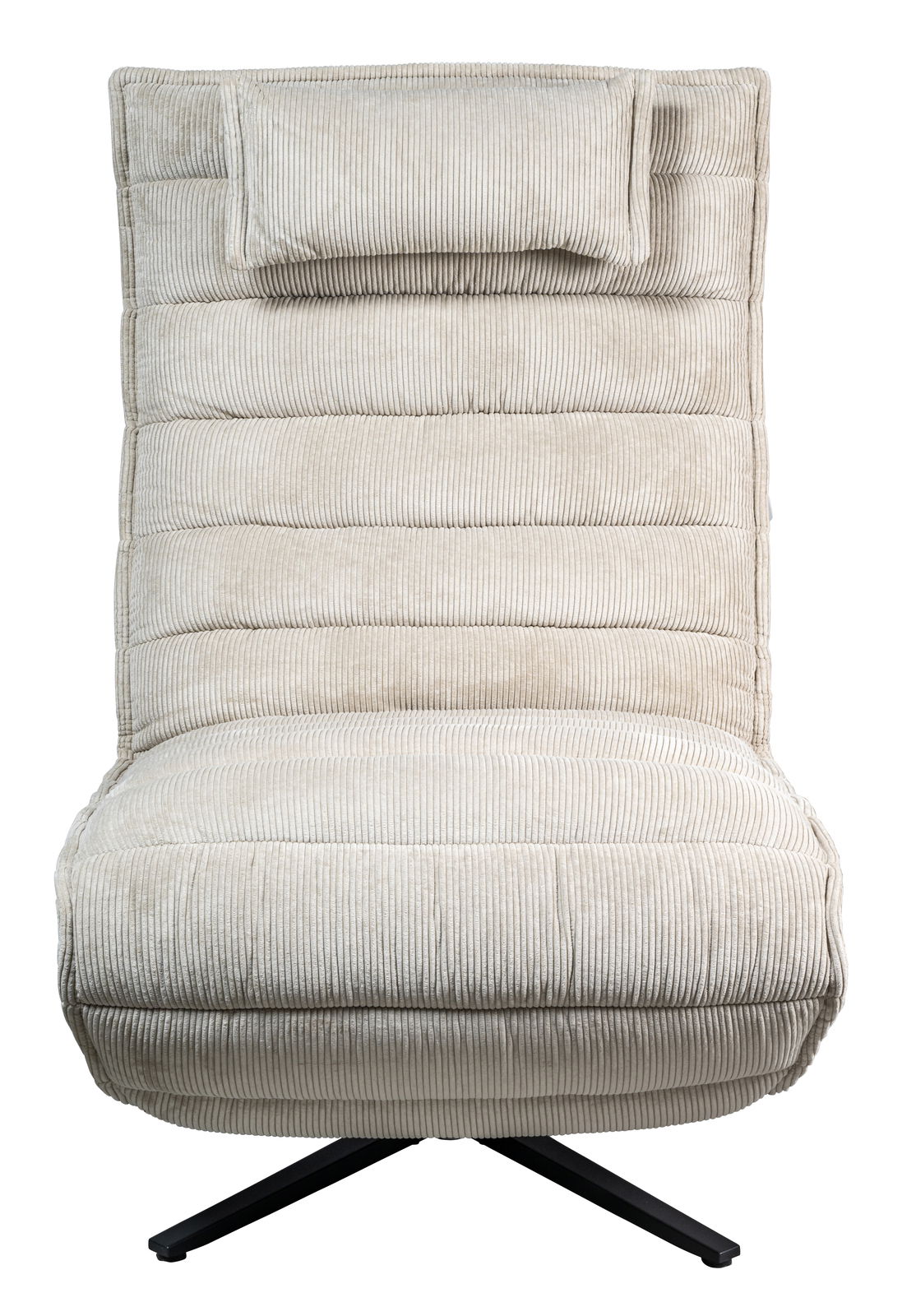 Frontansicht einer beigen Relaxliege mit gestepptem Stoffbezug und schwarzem Metallfuß.