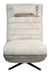 Frontansicht einer beigen Relaxliege mit gestepptem Stoffbezug und schwarzem Metallfuß.