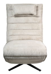 Frontansicht einer beigen Relaxliege mit gestepptem Stoffbezug und schwarzem Metallfuß.