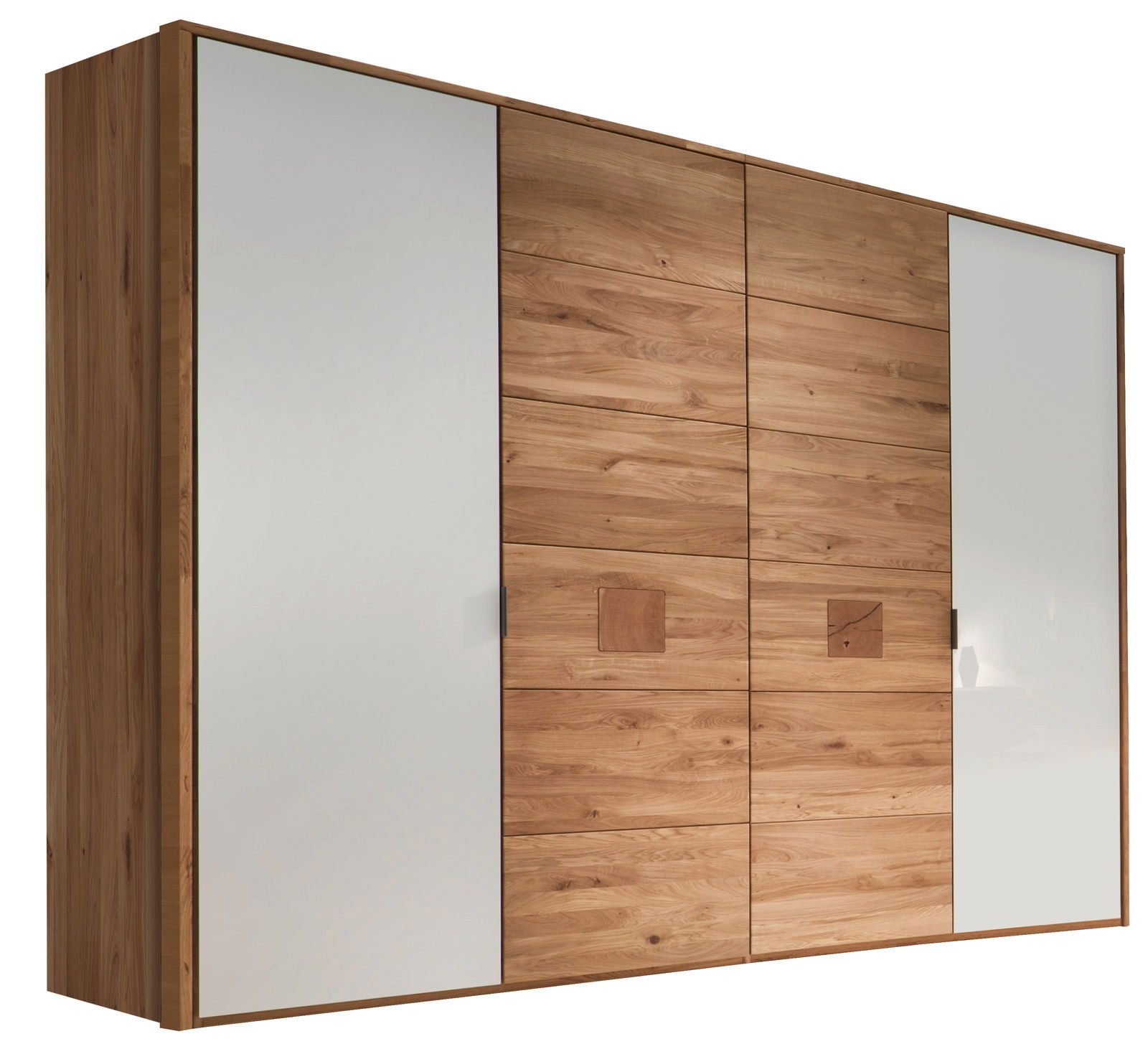 Moderner 4-türiger Kleiderschrank aus Holz mit weißen Akzenten, seitliche Perspektive