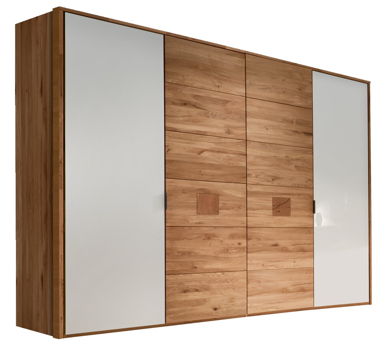 Moderner 4-türiger Kleiderschrank aus Holz mit weißen Akzenten, seitliche Perspektive