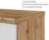 Nahaufnahme einer strapazierfähigen, HPL-beschichteten Arbeitsplatte in Holzoptik, seitliche Perspektive.