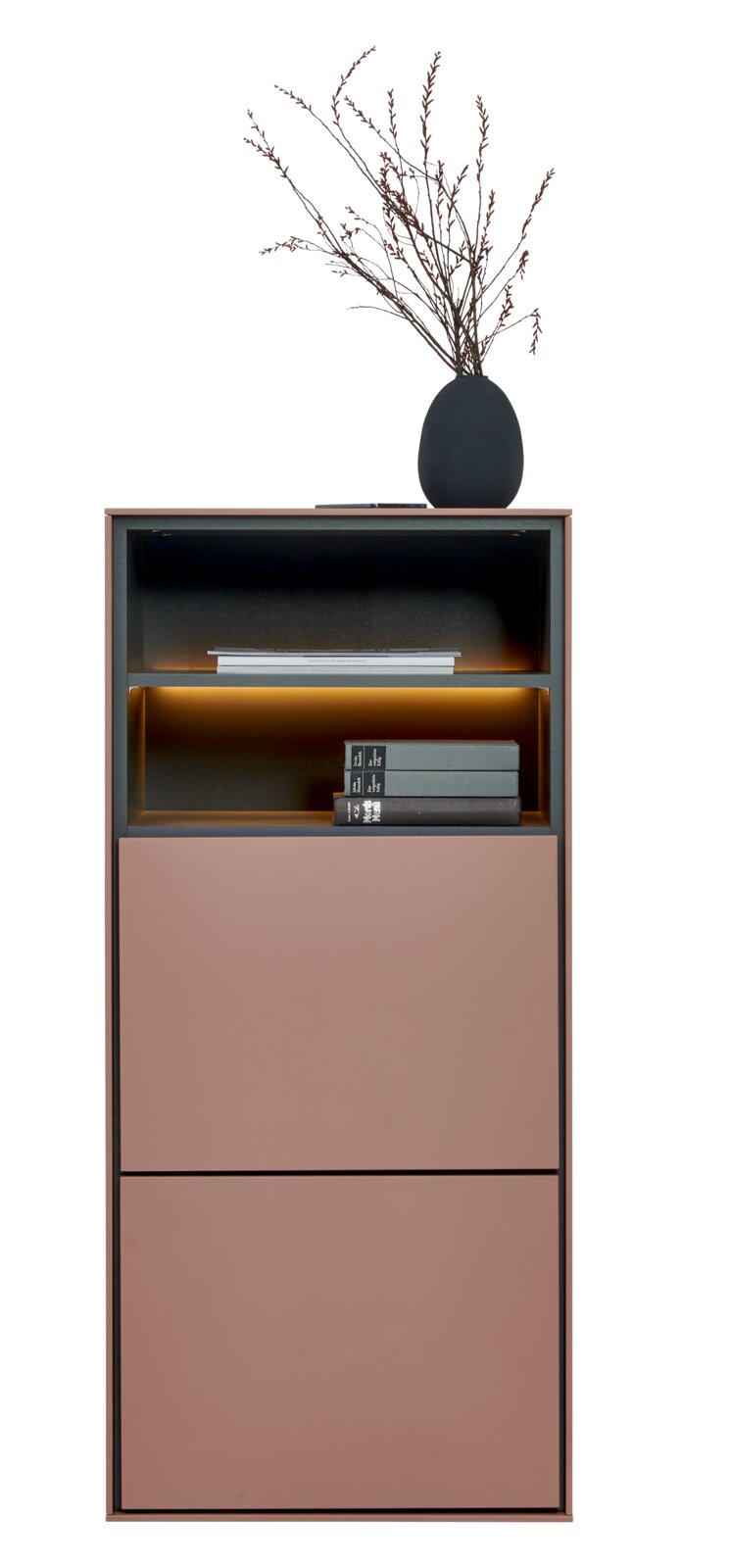 Frontansicht eines modernen, schmalen Highboards in Rosé mit schwarzem Rahmen, offenem Regalfach mit warmem LED-Licht, zwei geschlossenen Klappen und Dekovase mit Zweigen obenauf vor weißem Hintergrund