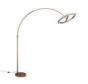 Moderne LED-Bogenleuchte in Bronze mit rundem Sockel und gebogenem Arm, seitliche Perspektive
