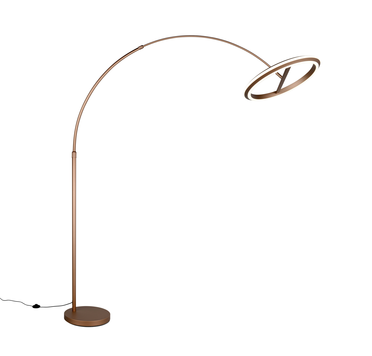 Moderne LED-Bogenleuchte in Bronze mit rundem Sockel und gebogenem Arm, seitliche Perspektive