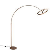 Moderne LED-Bogenleuchte in Bronze mit rundem Sockel und gebogenem Arm, seitliche Perspektive