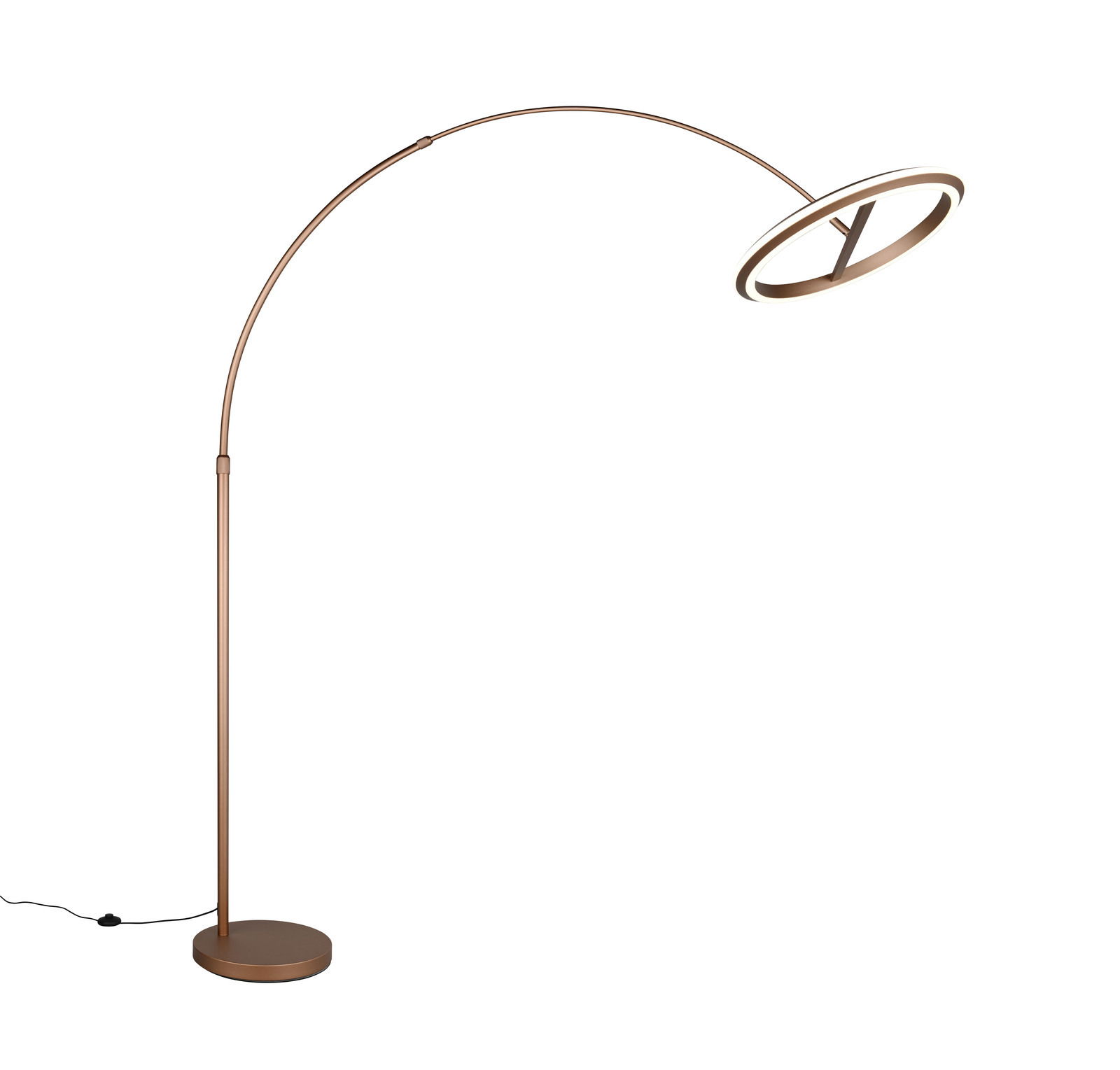 Moderne LED-Bogenleuchte in Bronze mit rundem Sockel und gebogenem Arm, seitliche Perspektive