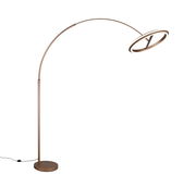 Moderne LED-Bogenleuchte in Bronze mit rundem Sockel und gebogenem Arm, seitliche Perspektive
