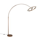 Moderne LED-booglamp in brons met ronde voet en gebogen arm, zijaanzicht