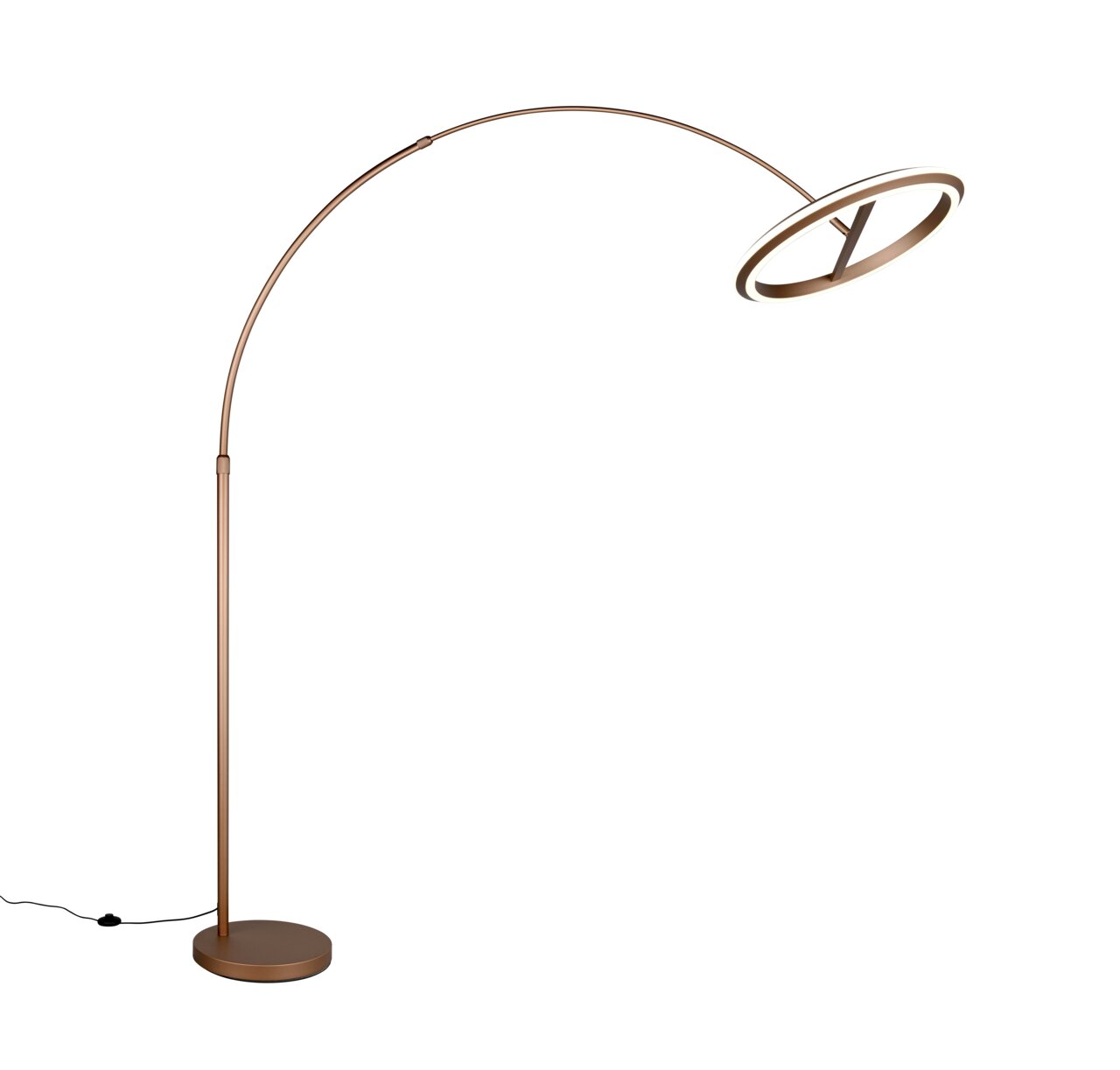 Moderne LED-booglamp in brons met ronde voet en gebogen arm, zijaanzicht