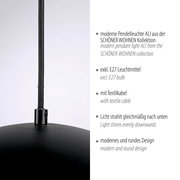 Moderne schwarze Pendelleuchte ALI mit Textilkabel und rundem Schirm, Detailansicht von der Seite vor hellem Hintergrund.