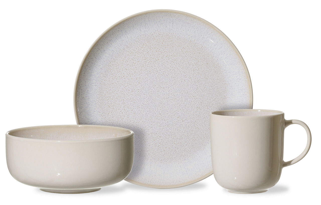 Frontalansicht eines 3-teiligen Frühstückssets Laredo in Beige, bestehend aus einem Teller, einer Schale und einer Tasse.