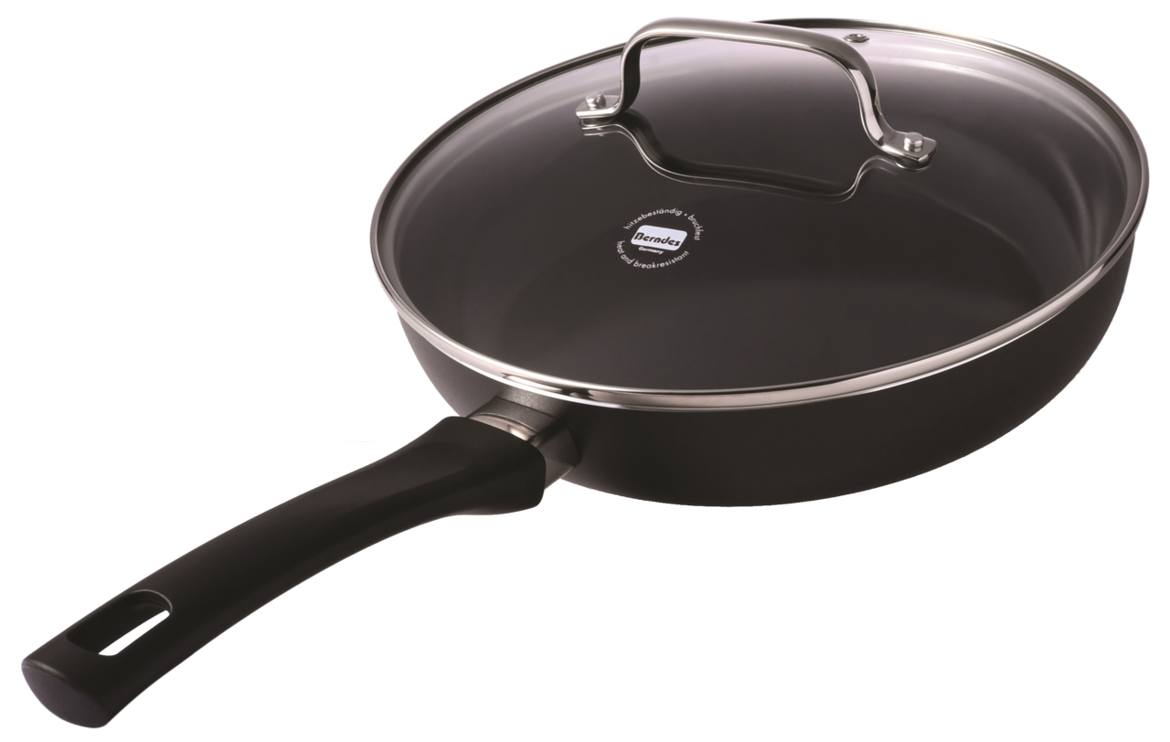 Berndes Schmorpfanne mit Glasdeckel YOUNG Ø28cm Schwarze Schmorpfanne mit Glasdeckel, seitliche Perspektive