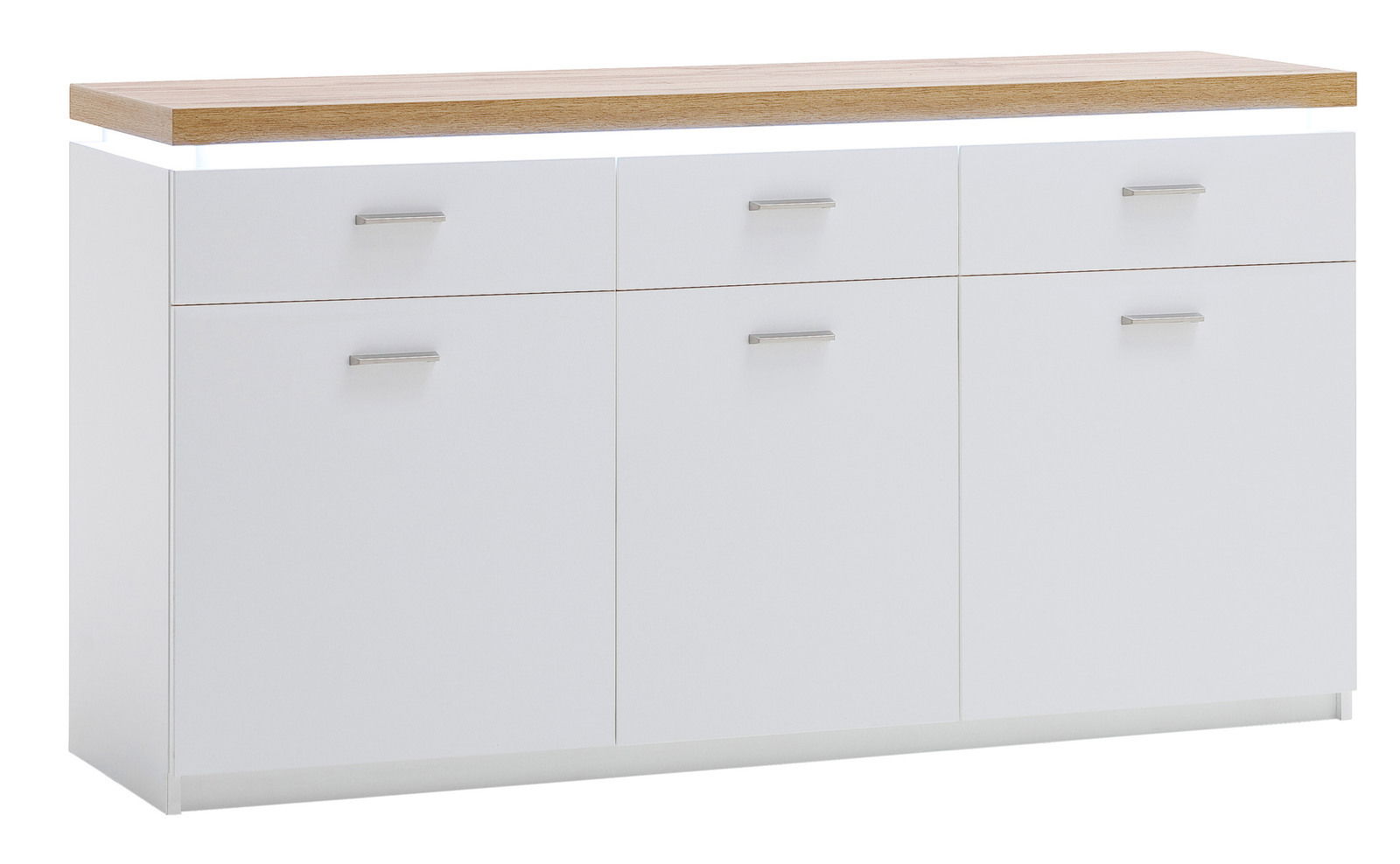 Modernes Sideboard in Weiß mit Holzplatte, Frontansicht