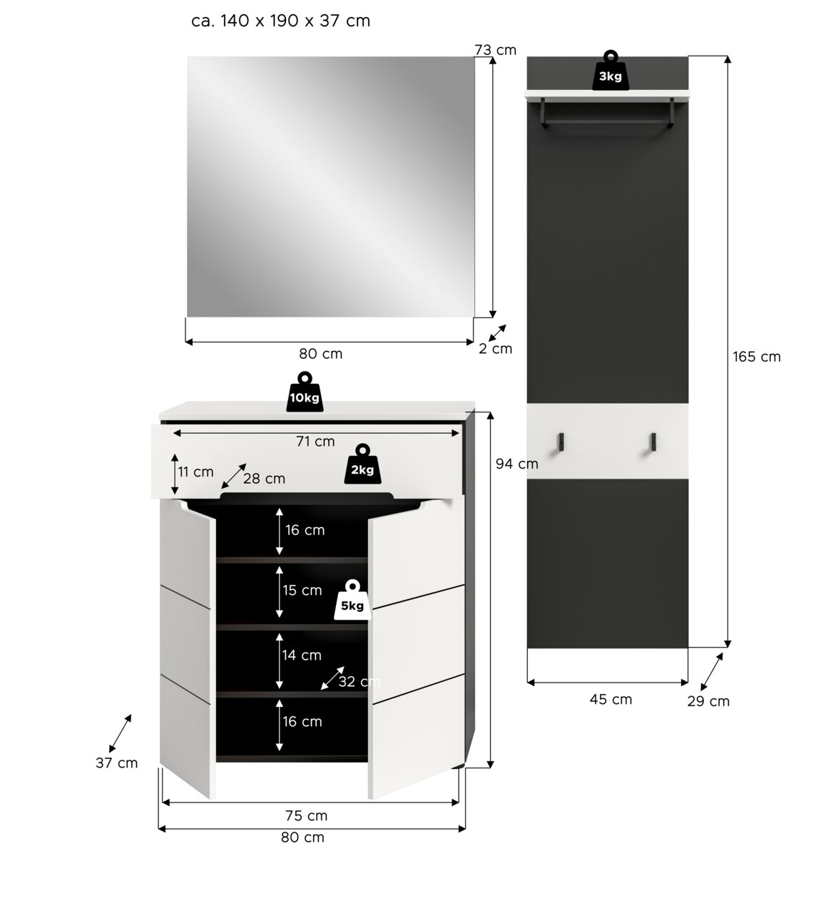 Badezimmermöbel-Set mit Spiegel, Unterschrank und Hochschrank in Schwarz-Weiß mit Maßangaben und Belastungswerten, dargestellt in Frontansicht sowie teils geöffnet/Innenansicht.